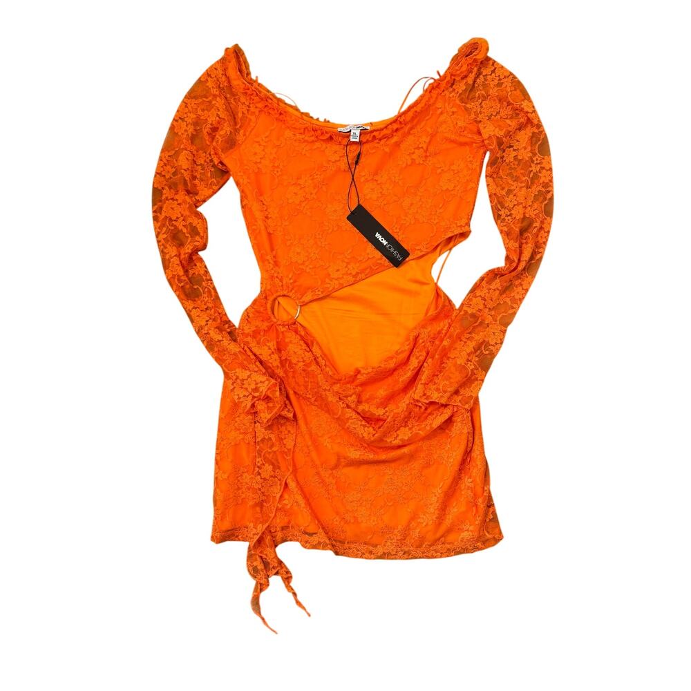 Fashion Nova One of One Lace Mini Dress Orange XL Clubbing Cutout Miami NWT - Picture 2 of 8
